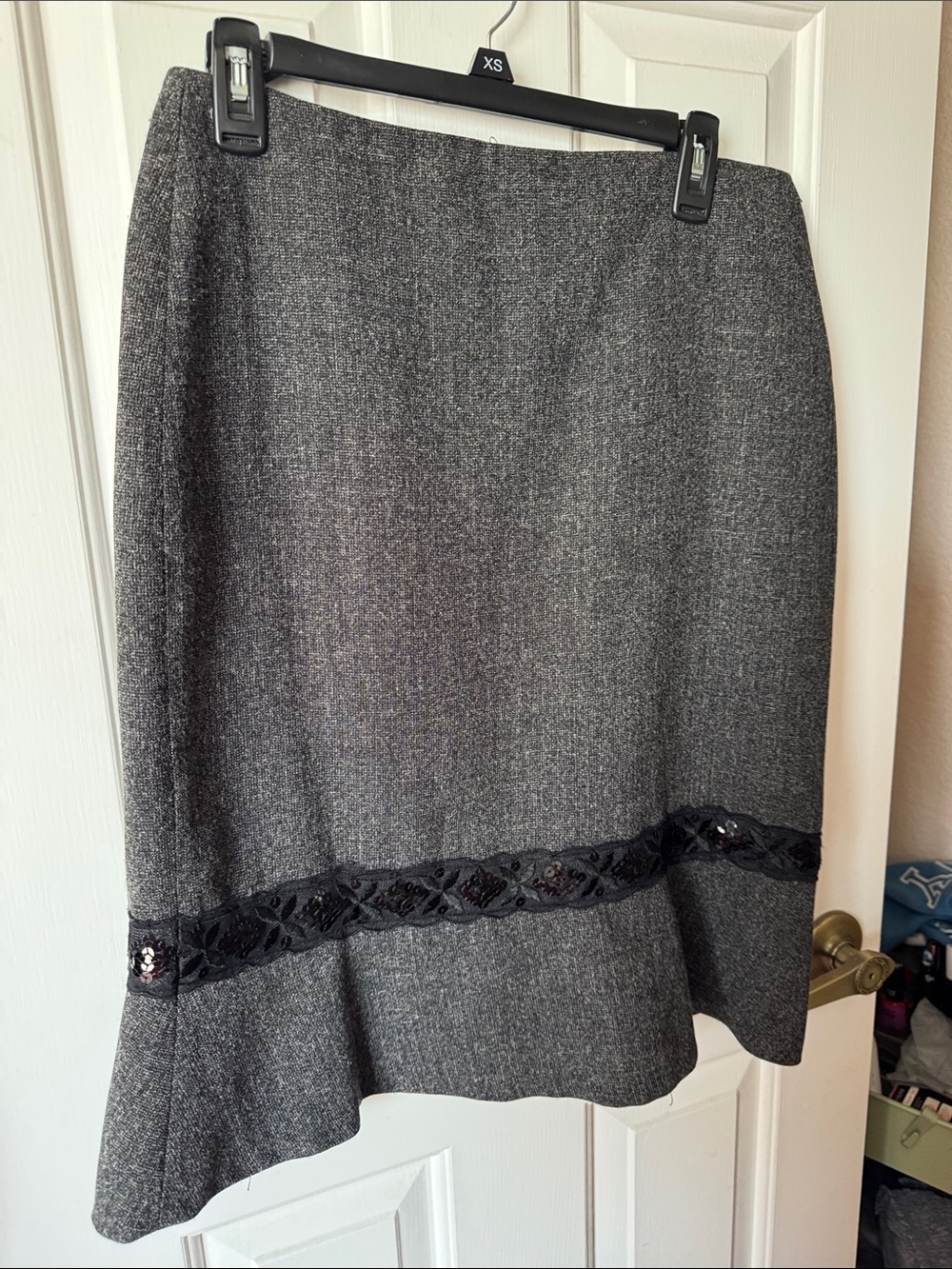 Cato Gray Tweed A-Line Skirt with Black Lace Band